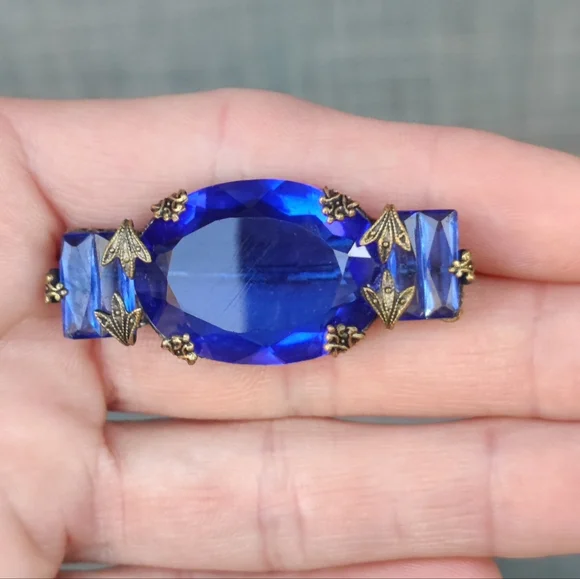 Antique Victorian Blue Czech Glass Ornate Brooch - Picture 4 of 8